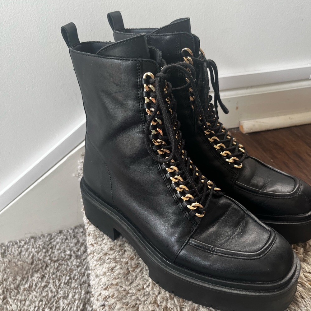 Sam Edelman Black Leather Lace-Up Platform Combat Boots with Gold Chain Eyelets